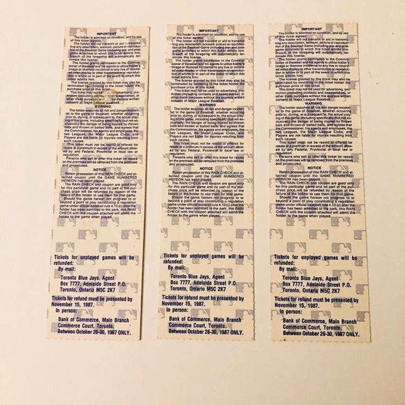 1987 Lot of 3 MLB Baseball Toronto Blue Jays  World Series Tickets - Picture 3 of 10